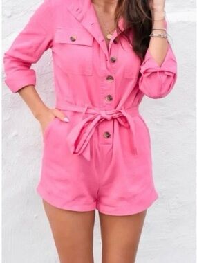 Express Pink Button-Front Utility Romper with Tie Waist